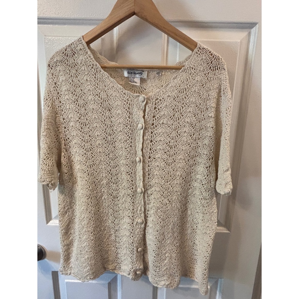 Two Twenty Silk Blend Crochet Silk Blend Cardigan Cream Short Sleeve V-Neck -L